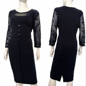 NEW WOMEN PLUS SIZE DRESS 3/4 SHEER‎ SLEEVES LACE ROUND NECK LINED GOWN  IN NAVY